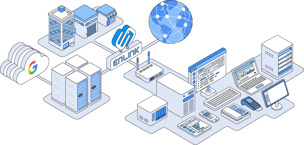 Diagram showing network devices, site-to-site networks, colocation, connectivity and cloud