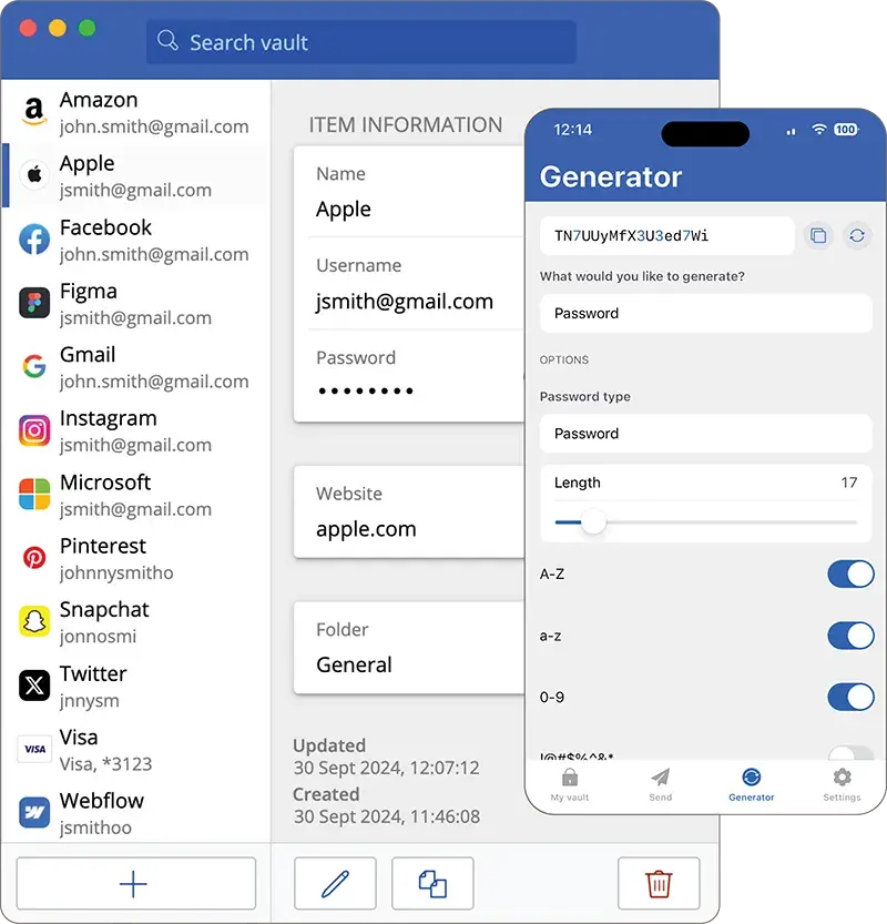 Screenshot of a password manager on desktop, web and mobile