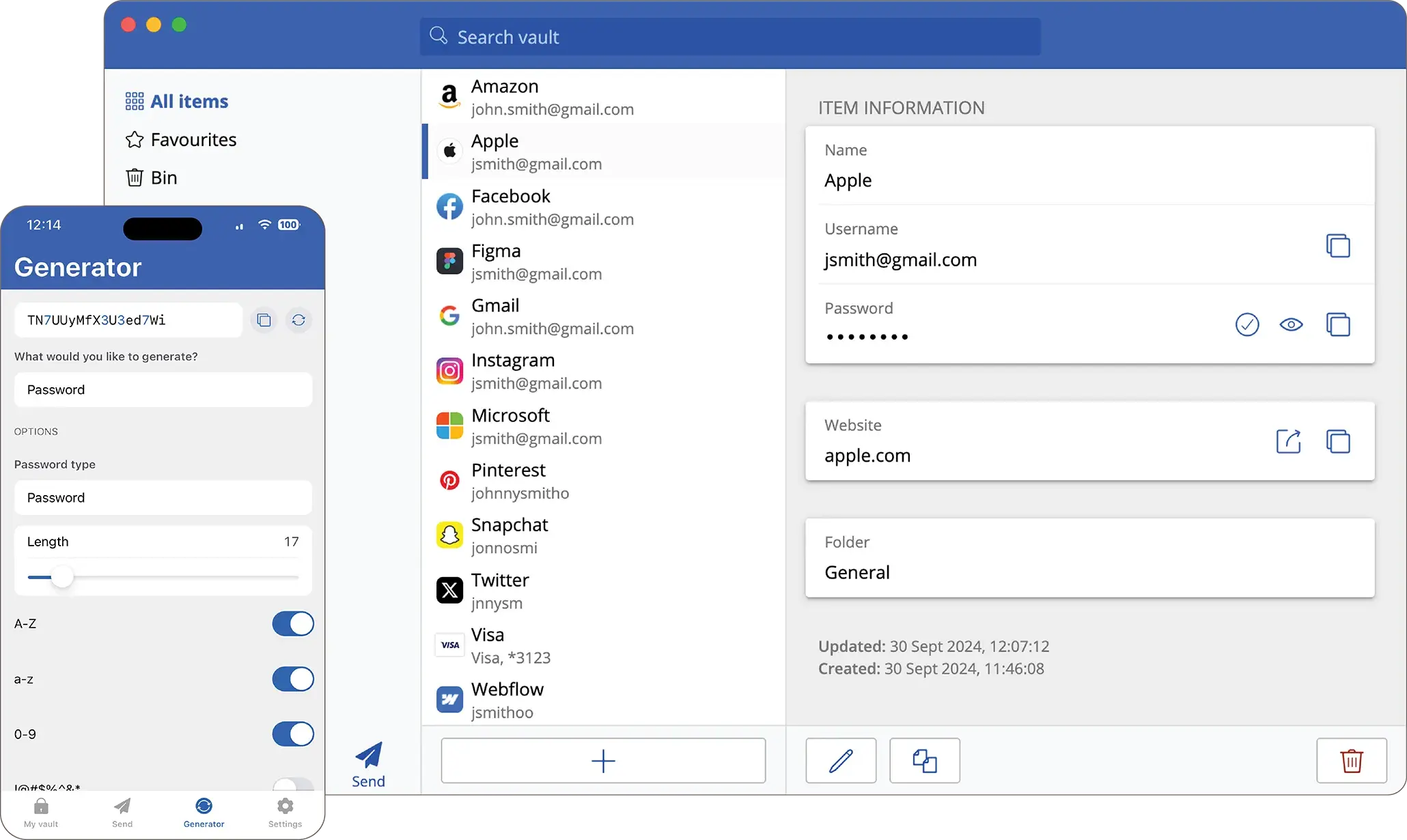 Screenshot of a password manager on desktop, web and mobile